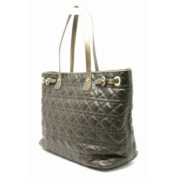Dior  Bag Tote Panarea Leather Khaki Brown Charm Lady Christian - Picture 1 of 9